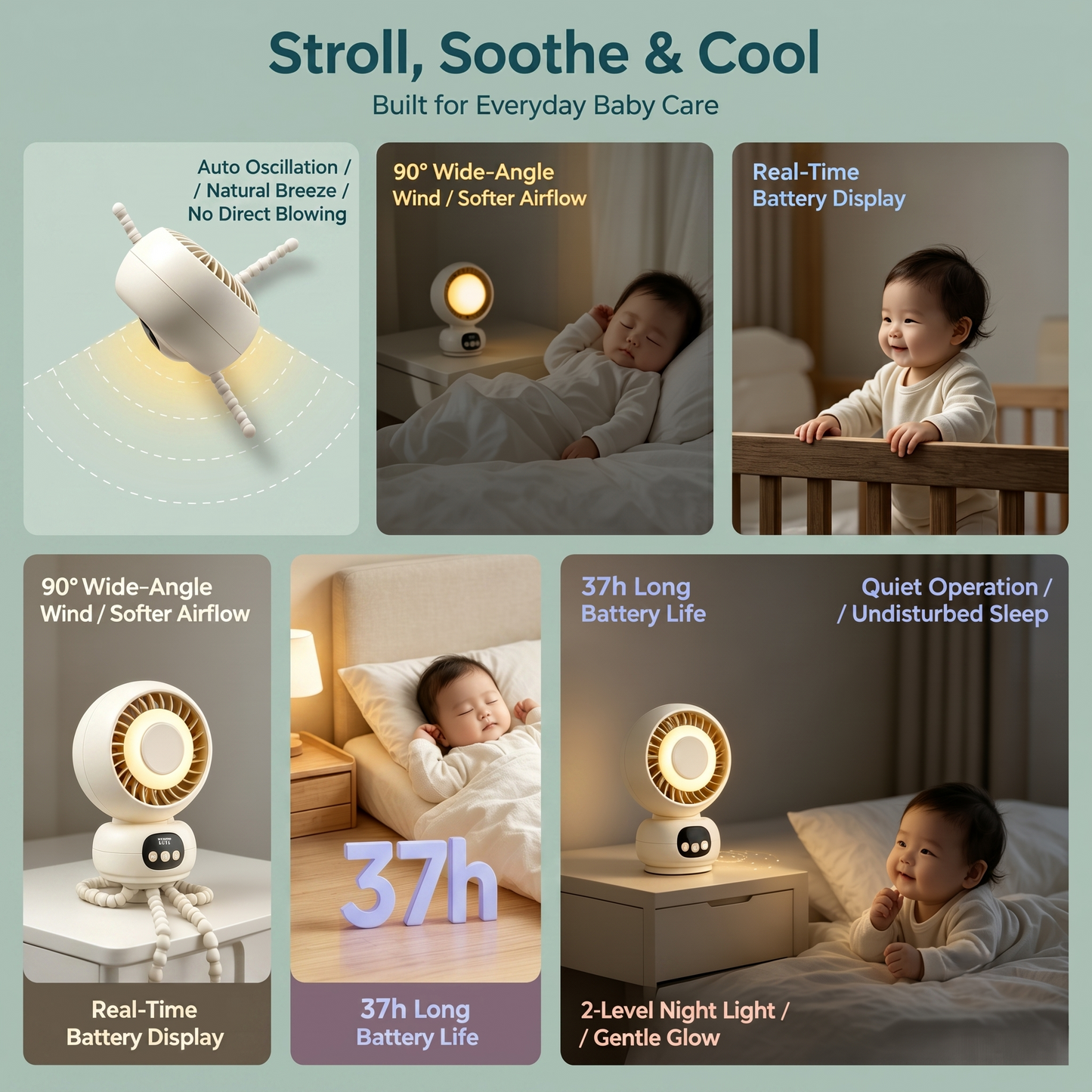 All-in-One Stroller Baby Fan with Night Light &amp; Lullabies