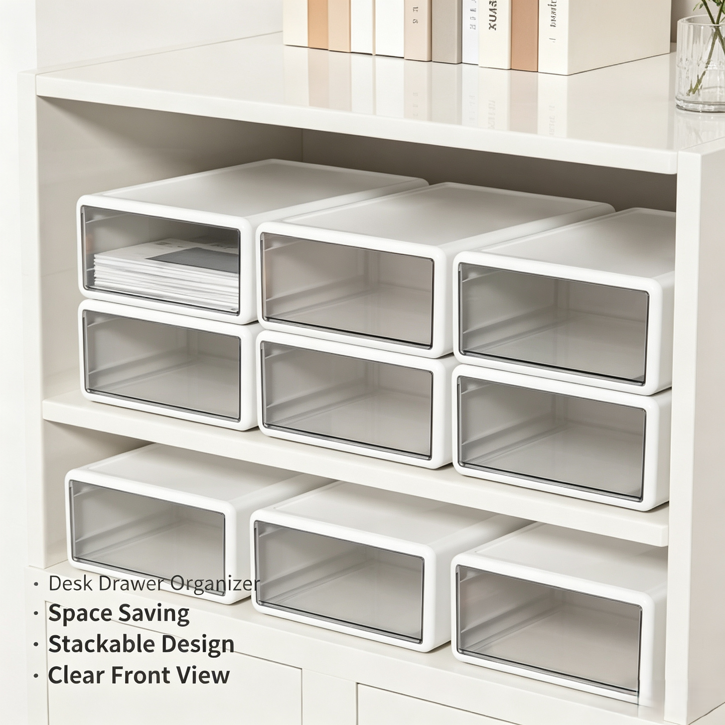 Stackable Desktop Drawer Organizer with Clear Fronts